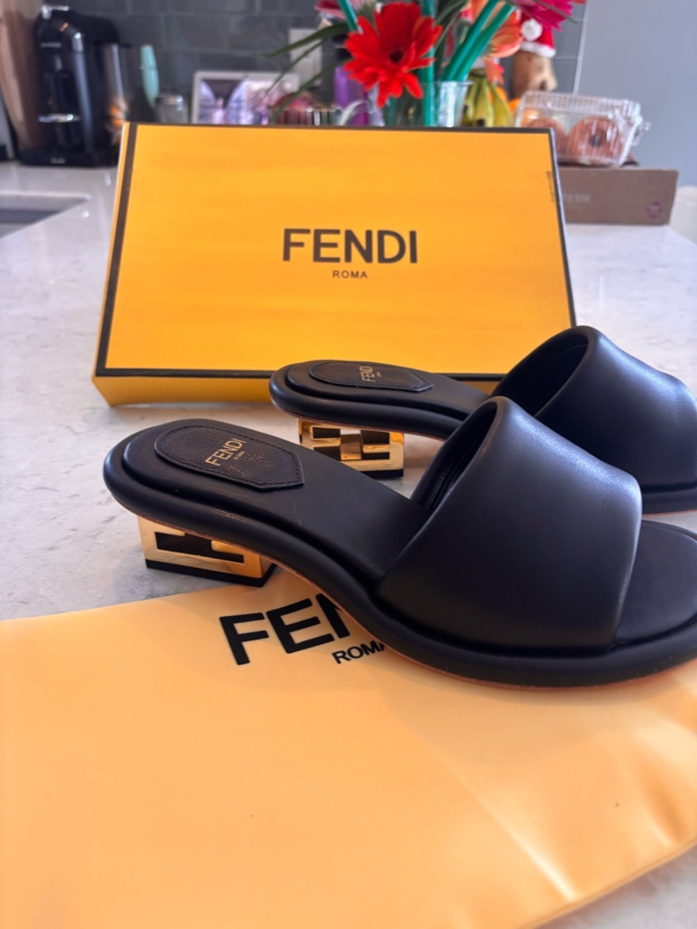 Fendi Black Leather Slide Sandals - Picture 4 of 9